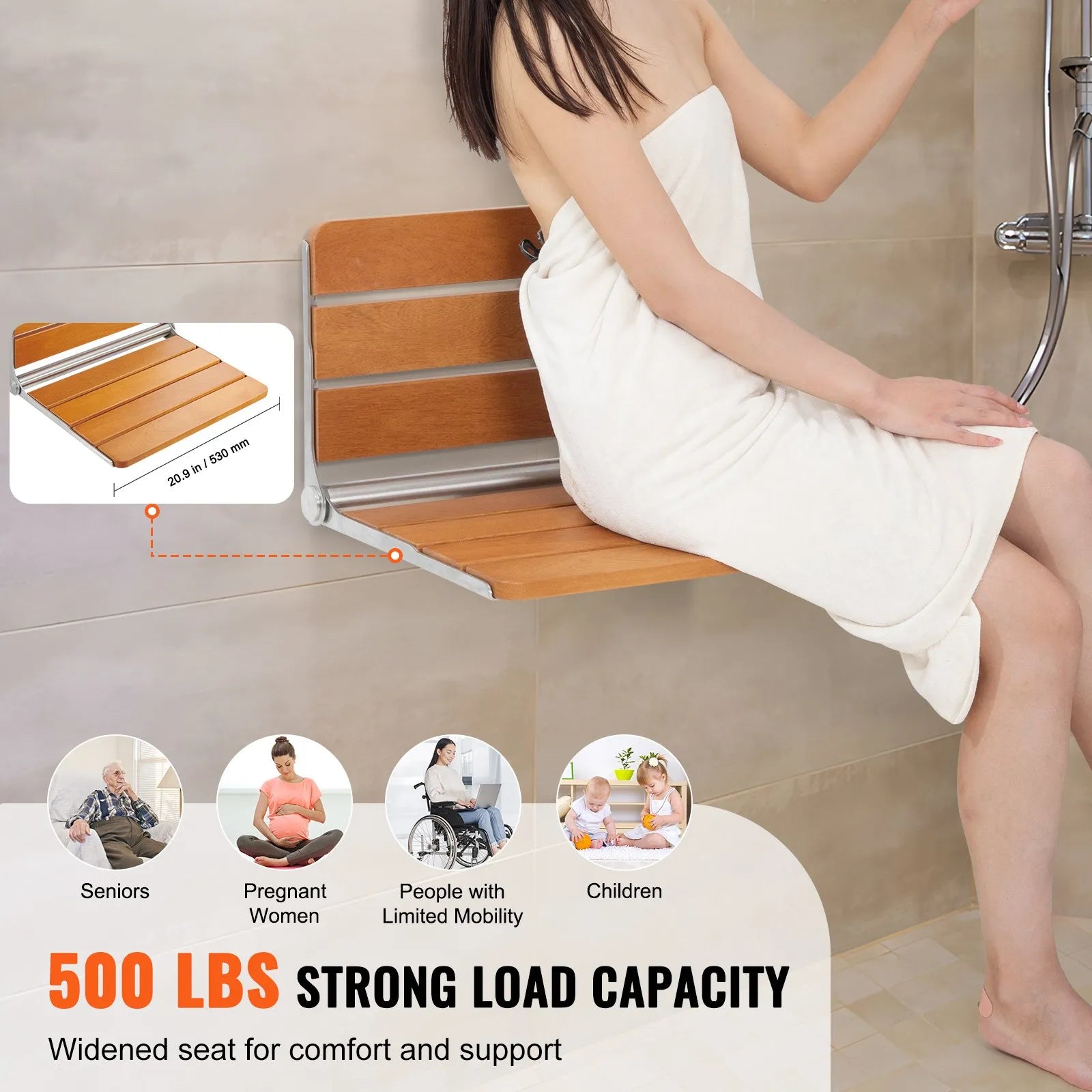 VEVOR Folding Teak Shower Seat 20.9'' x 16'' Wall Mounted Shower Bench 500 lbs