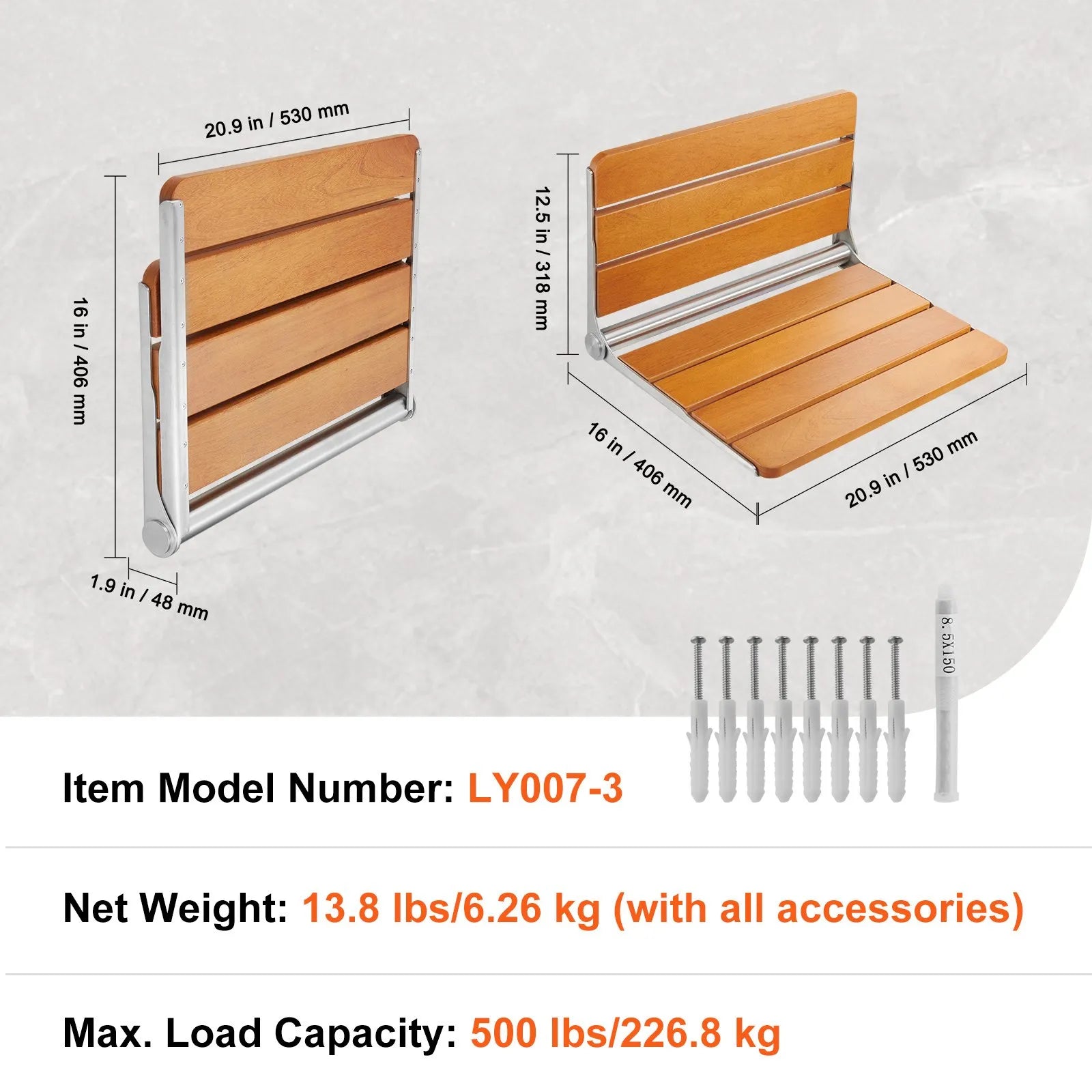 VEVOR Folding Teak Shower Seat 20.9'' x 16'' Wall Mounted Shower Bench 500 lbs