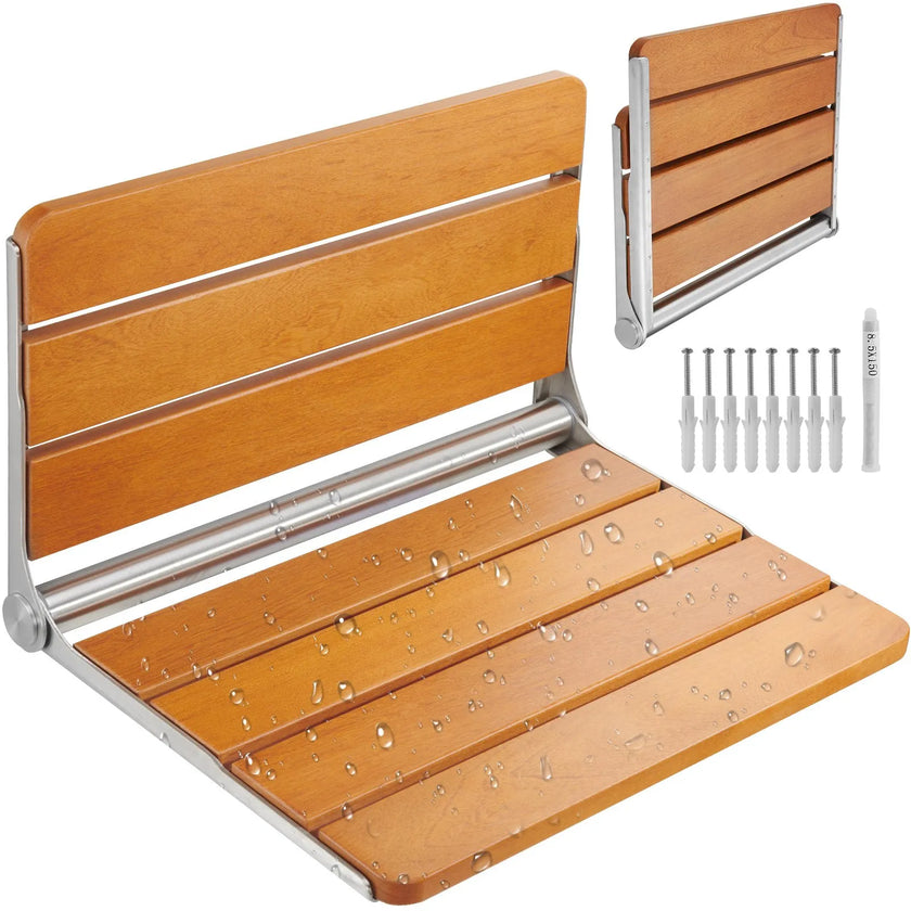 VEVOR Folding Teak Shower Seat 20.9'' x 16'' Wall Mounted Shower Bench 500 lbs