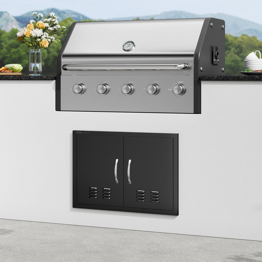 VEVOR BBQ Access Door, 30W x 21H Inch Double Outdoor Kitchen Door, Cold Plate Flush Mount Door, Wall Vertical Door with Handles and Ventss, for BBQ Island, Grilling Station, Outside Cabinet