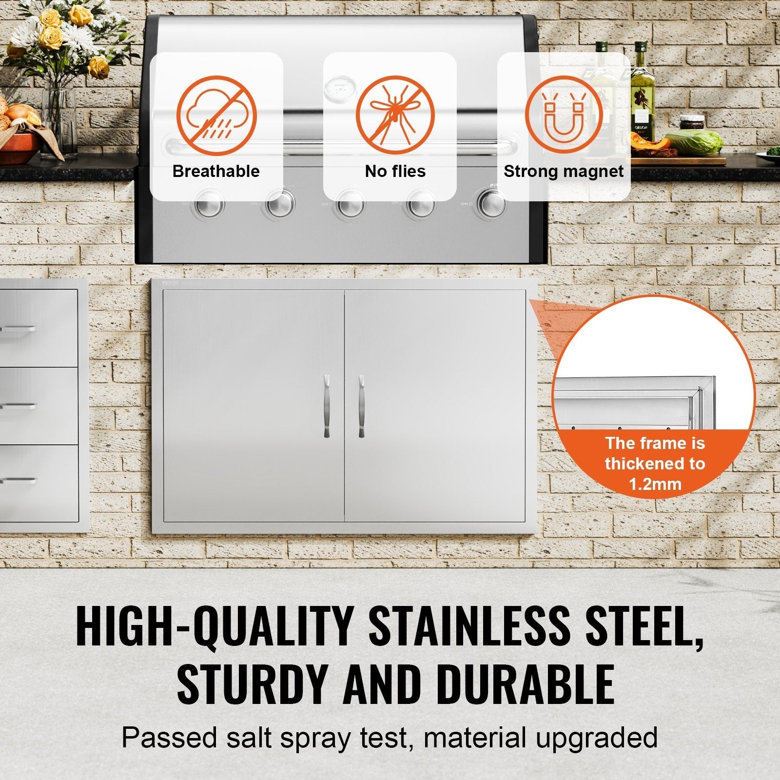 VEVOR BBQ Access Door, 39W x 26H Inch Double Outdoor Kitchen Door, Stainless Steel Flush Mount Door, Wall Vertical Door with Handles and Hooks, for BBQ Island, Grilling Station, Outside Cabinet