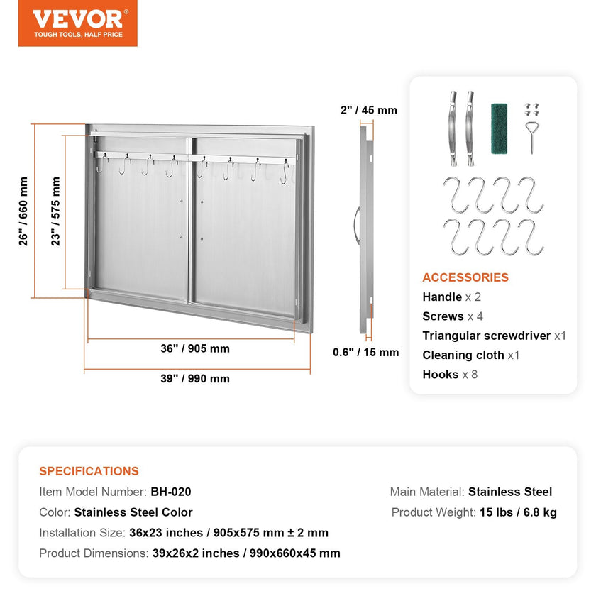 VEVOR BBQ Access Door, 39W x 26H Inch Double Outdoor Kitchen Door, Stainless Steel Flush Mount Door, Wall Vertical Door with Handles and Hooks, for BBQ Island, Grilling Station, Outside Cabinet