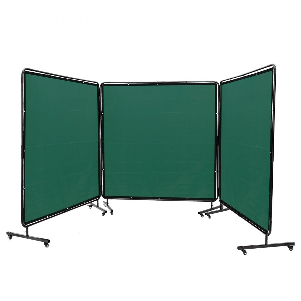 VEVOR Welding Screen with Frame, 6' x 6' 3 Panel Welding Curtain Screens, Flame-Resistant Vinyl Welding Protection Screen on 12 Swivel Wheels (6 Lockable), Moveable & Professional for Workshop, Green