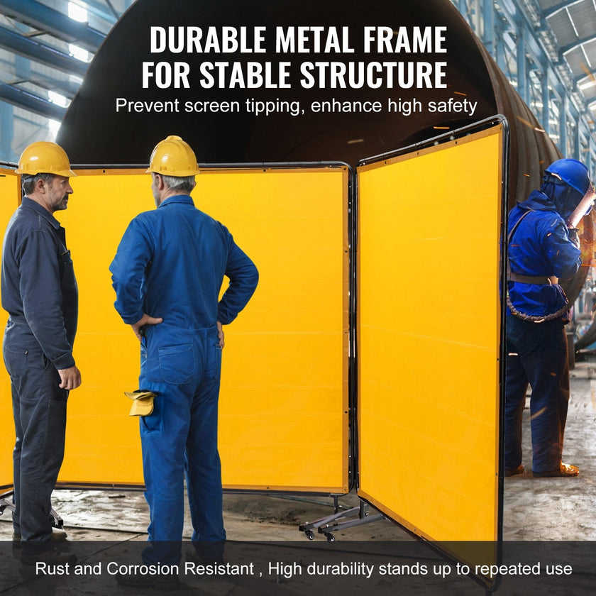 VEVOR Welding Screen with Frame, 6' x 6' 3 Panel Welding Curtain Screens, Flame-Resistant Vinyl Welding Protection Screen on 12 Swivel Wheels (6 Lockable), Moveable & Professional for Workshop, Yellow