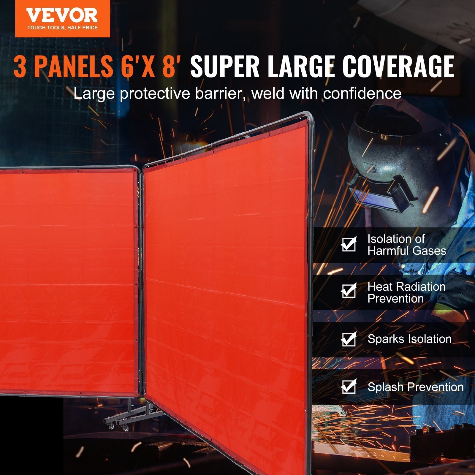 VEVOR Welding Screen with Frame, 6' x 8' 3 Panel Welding Curtain Screens, Flame-Resistant Vinyl Welding Protection Screen on 12 Swivel Wheels (6 Lockable), Moveable & Professional for Workshop, Red