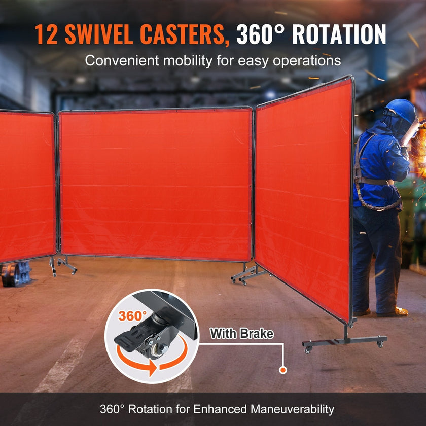 VEVOR Welding Screen with Frame, 6' x 8' 3 Panel Welding Curtain Screens, Flame-Resistant Vinyl Welding Protection Screen on 12 Swivel Wheels (6 Lockable), Moveable & Professional for Workshop, Red