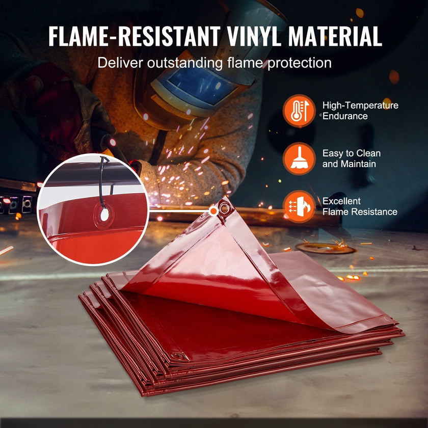 VEVOR Welding Screen with Frame, 6' x 8' 3 Panel Welding Curtain Screens, Flame-Resistant Vinyl Welding Protection Screen on 12 Swivel Wheels (6 Lockable), Moveable & Professional for Workshop, Red