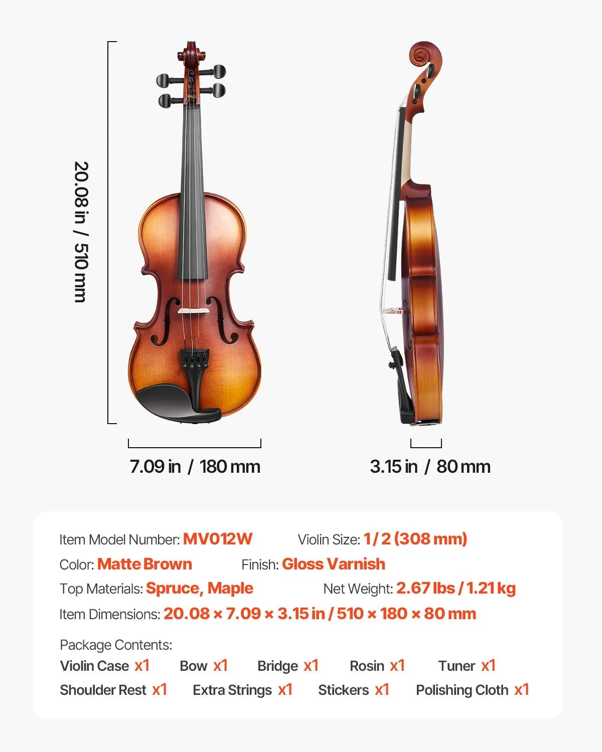 VEVOR Violin 1/2 Size Fiddle Set Solidwood for Beginners with Case Rosin Brown