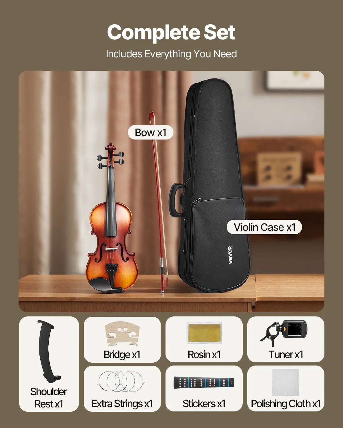 VEVOR Violin 1/4 Size Fiddle Set Solidwood for Beginners with Case Rosin Brown