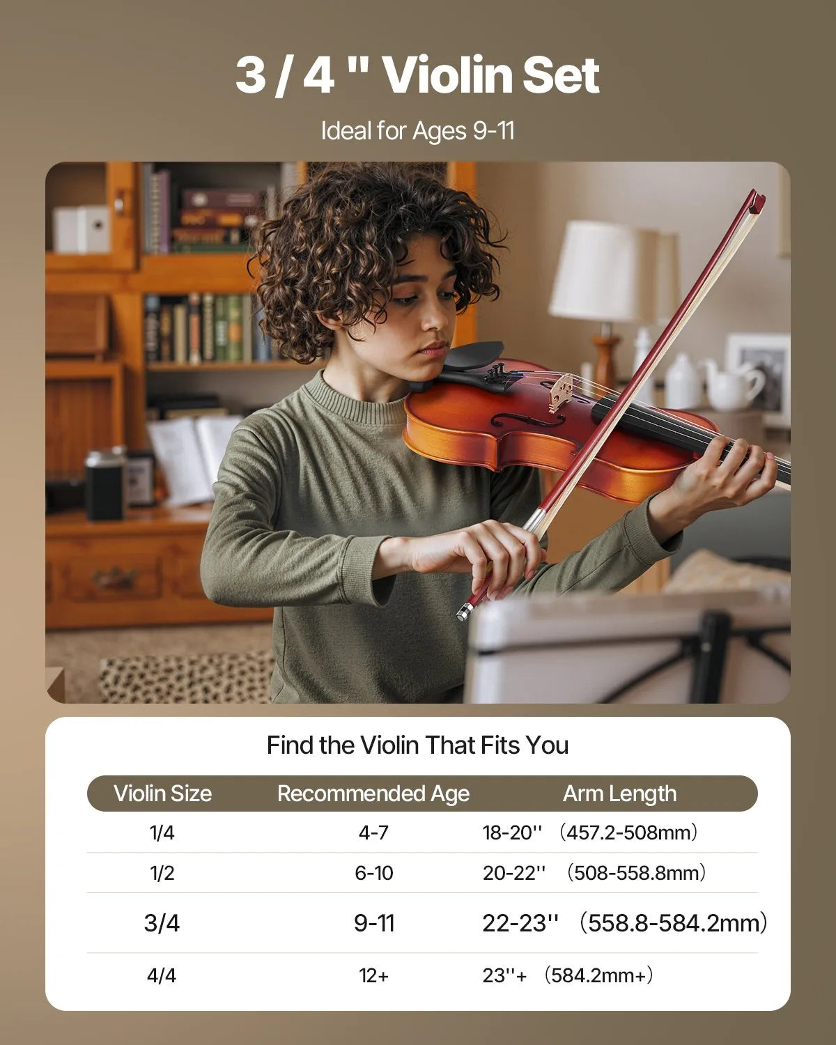 VEVOR Violin 3/4 Size Fiddle Set Solidwood for Beginners with Case Rosin Brown