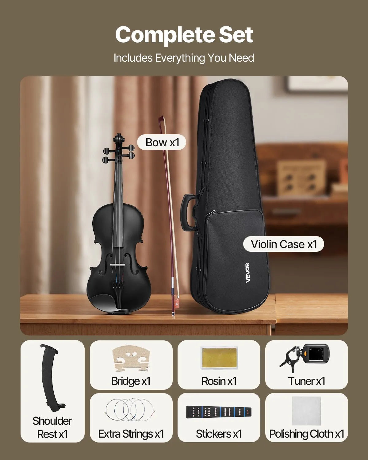 VEVOR Violin 4/4 Size Fiddle Set Solidwood for Beginners with Case Rosin Black