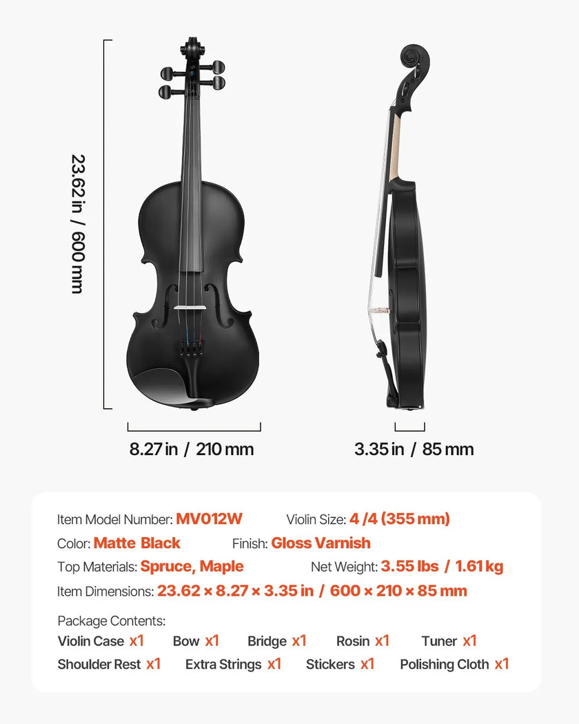 VEVOR Violin 4/4 Size Fiddle Set Solidwood for Beginners with Case Rosin Black