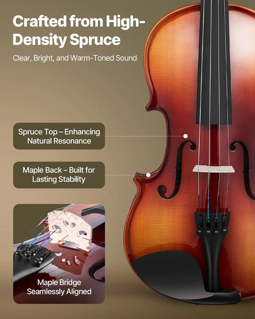 VEVOR Violin 4/4 Full Size Fiddle Set Solidwood for Beginners Glossy Brown