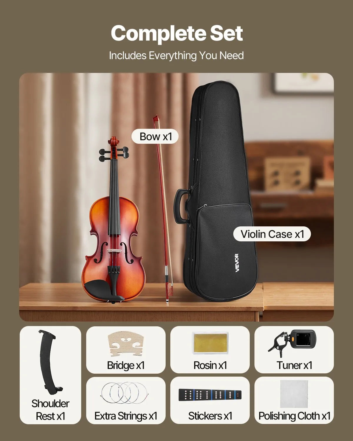 VEVOR Violin 4/4 Full Size Fiddle Set Solidwood for Beginners Glossy Brown