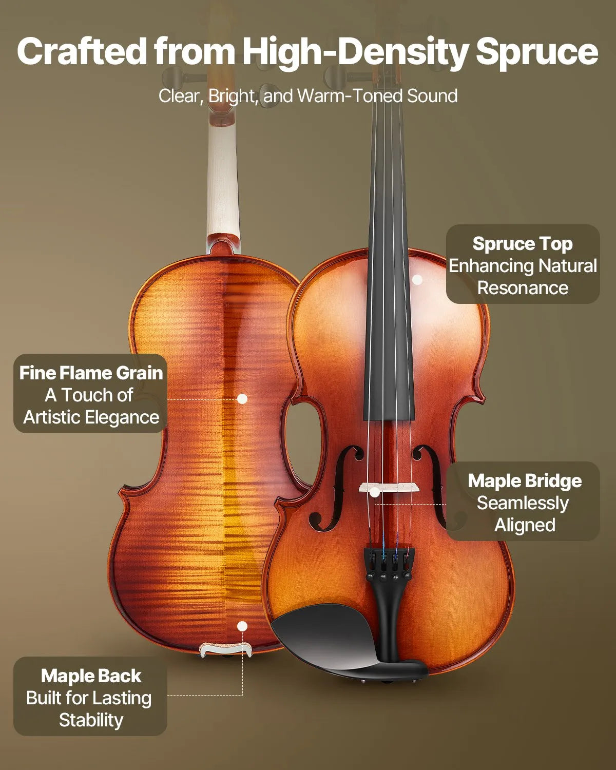 VEVOR Violin 4/4 Size Fiddle Set Solidwood for Beginners Glossy Brown Patterned