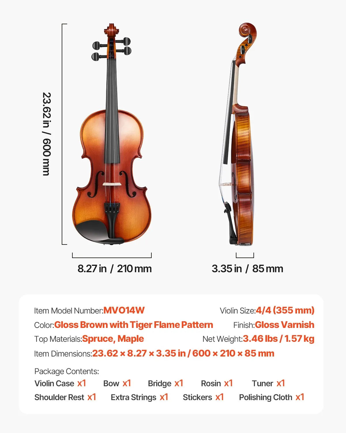 VEVOR Violin 4/4 Size Fiddle Set Solidwood for Beginners Glossy Brown Patterned