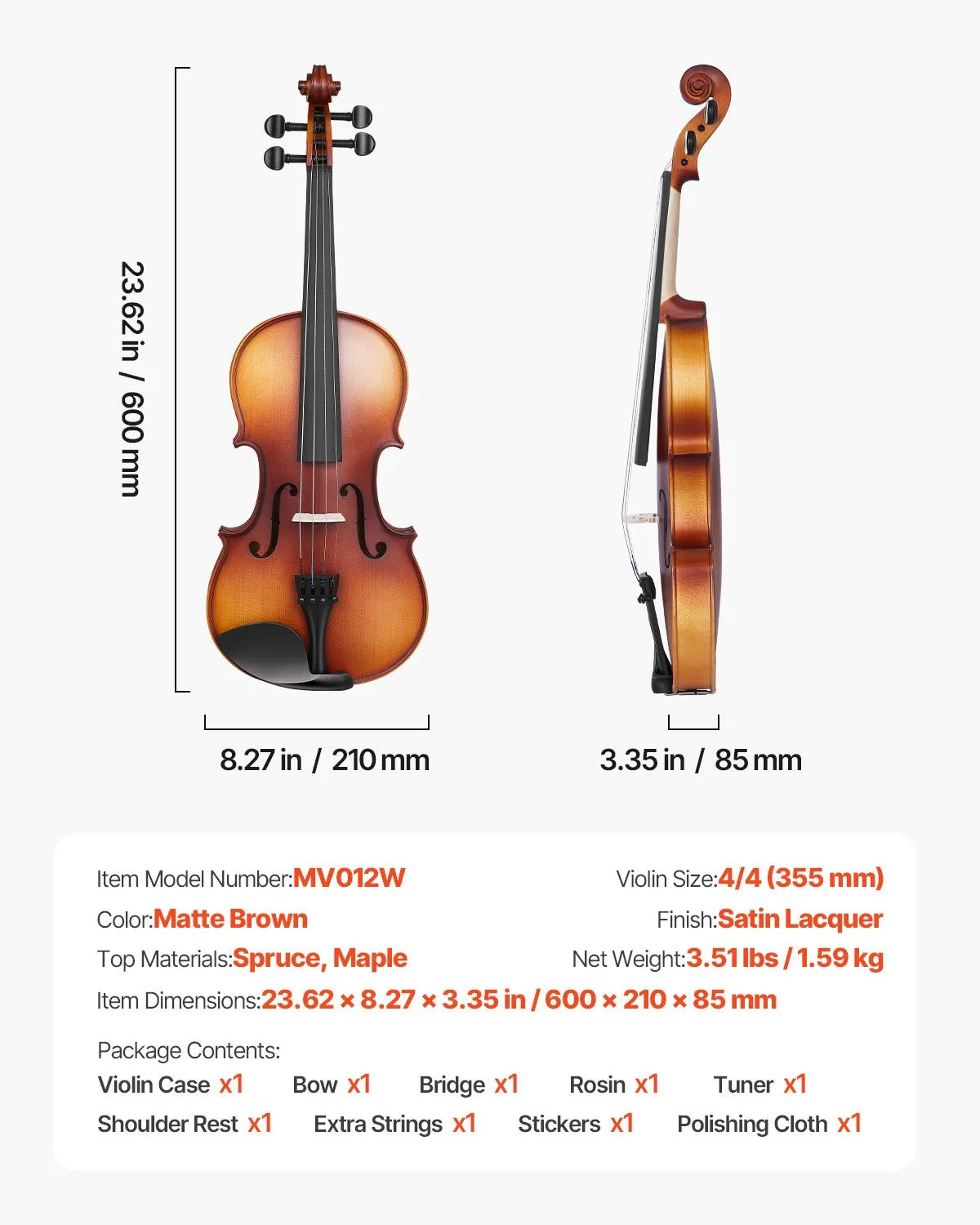 VEVOR Violin 4/4 Full Size Fiddle Set Solidwood for Beginners Matte Brown