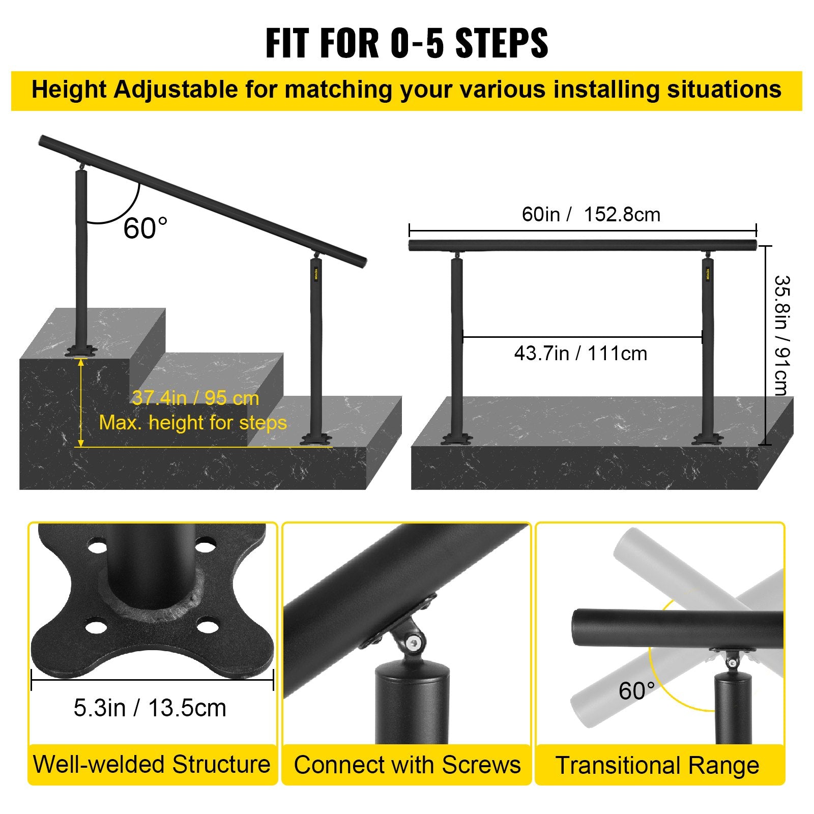 VEVOR Outdoor Stair Railing Kit, 5 FT Handrails 0-5 Steps, Adjustable Angle Black Aluminum Stair Hand Rail for The Elderly, Handrails for Indoor & Outdoor Steps