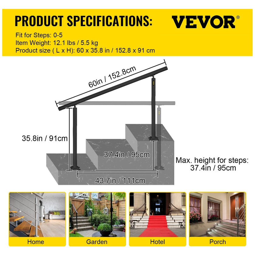 VEVOR Outdoor Stair Railing Kit, 5 FT Handrails 0-5 Steps, Adjustable Angle Black Aluminum Stair Hand Rail for The Elderly, Handrails for Indoor & Outdoor Steps