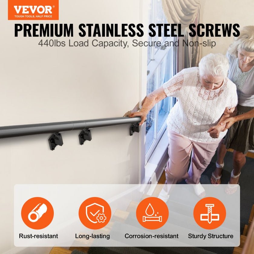 VEVOR Handrail Stair Railing, 7 ft, Wall Mount Handrails for Indoor Stairs, Thickened Aluminum Alloy Hand Rail with Installation Kit, 440 LBS Load Capacity Stairway Railing for Outdoor Stairs