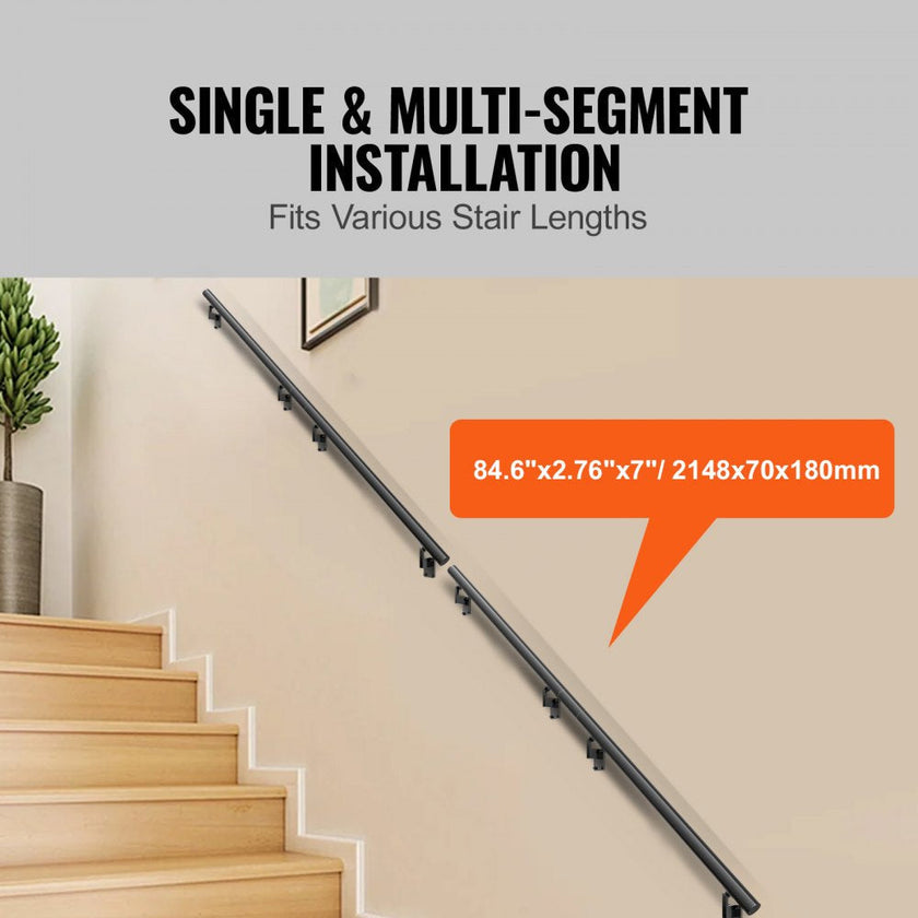 VEVOR Handrail Stair Railing, 7 ft, Wall Mount Handrails for Indoor Stairs, Thickened Aluminum Alloy Hand Rail with Installation Kit, 440 LBS Load Capacity Stairway Railing for Outdoor Stairs