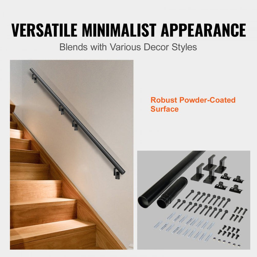 VEVOR Handrail Stair Railing, 7 ft, Wall Mount Handrails for Indoor Stairs, Thickened Aluminum Alloy Hand Rail with Installation Kit, 440 LBS Load Capacity Stairway Railing for Outdoor Stairs