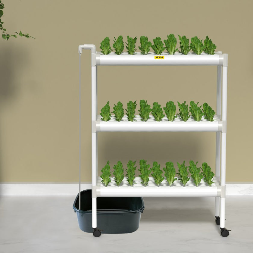 VEVOR Hydroponics Growing System, 108 Sites 3 Layers, 12 Food-Grade PVC-U Pipes, Vertical Indoor Plant Grow Kit with Water Pump, Timer, Nest Basket, Sponge for Fruits, Vegetables, Herb, White