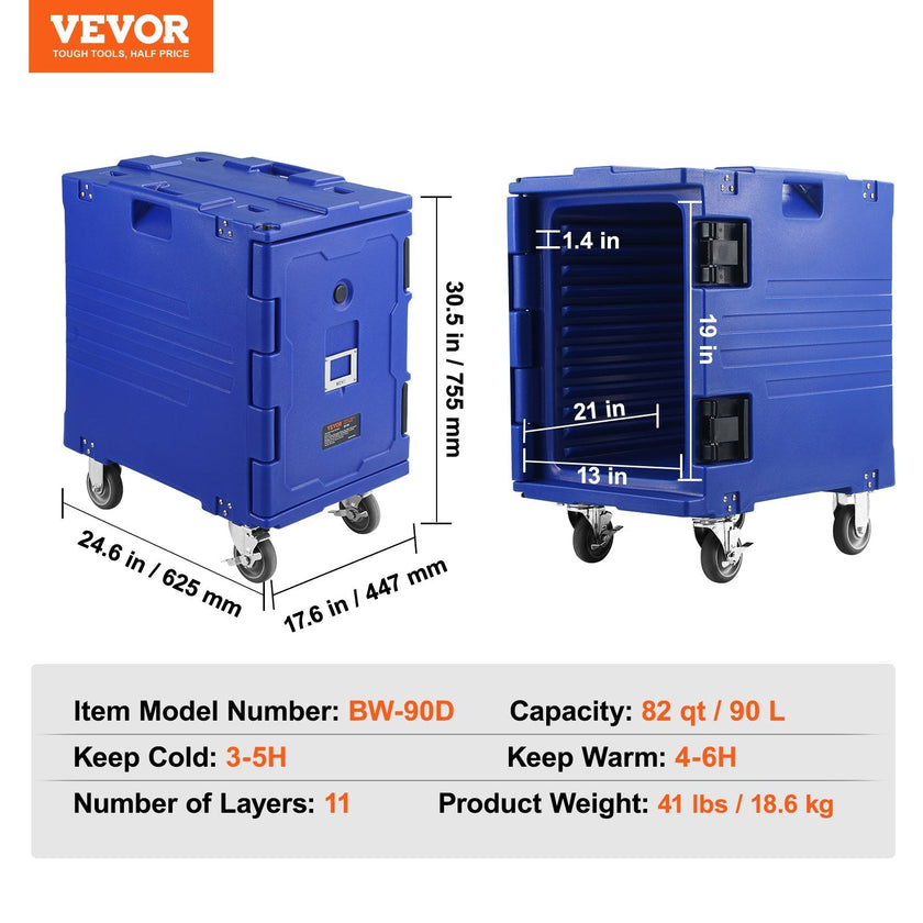 VEVOR Insulated Food Pan Carrier Front Load Catering Box w/ Wheels 82 Qt Blue