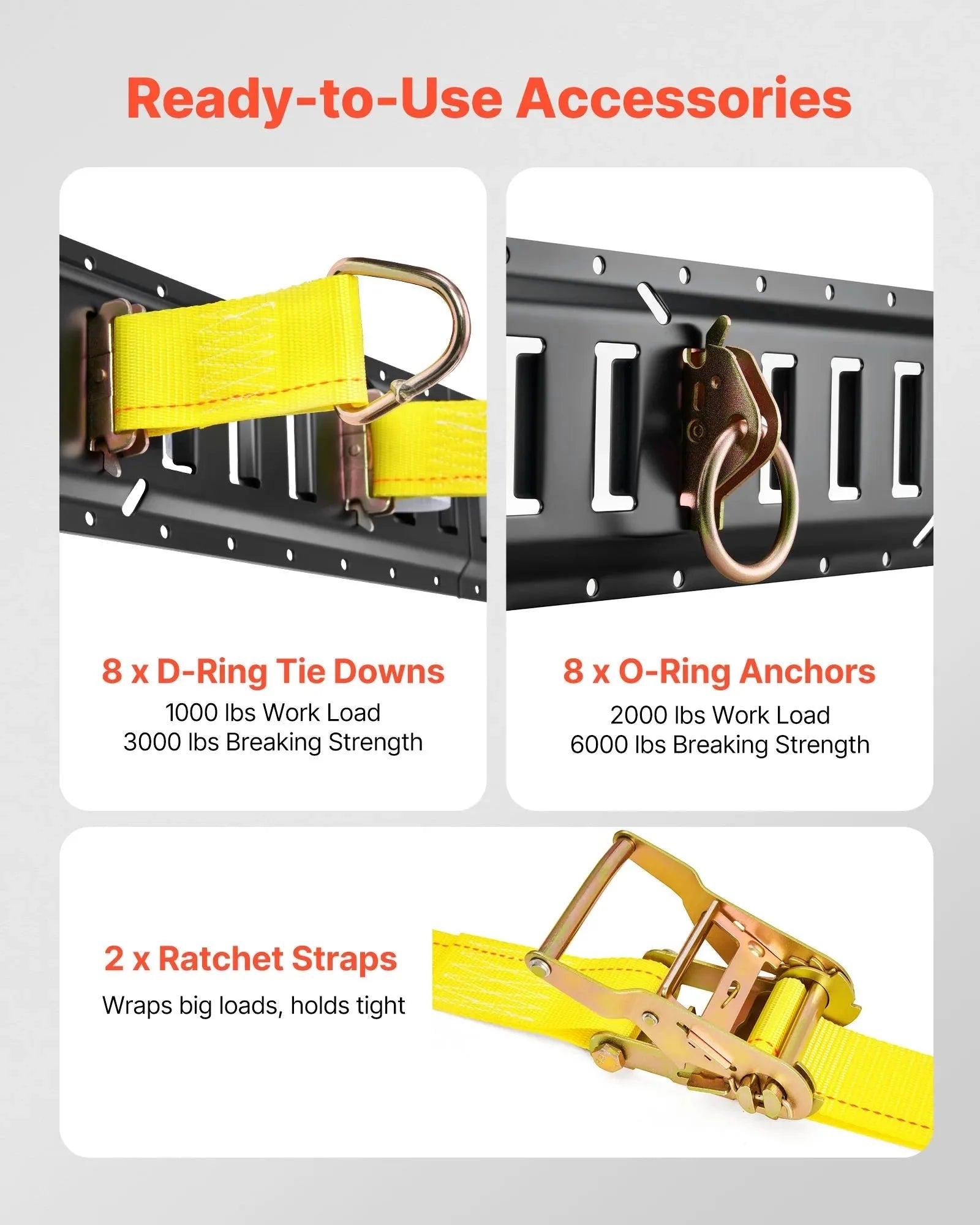 VEVOR E-Track Tie-Down Rail Kit, 8 Pack (5ft+4ft+2ft+1ft) E Track Rails, 36 Pcs Includes 2 Ratchet Straps & 8 O-Rings & 8 Tie-Offs with D-Ring & 2 Single Slots & 16 End Caps, Fit for Vans Trailers