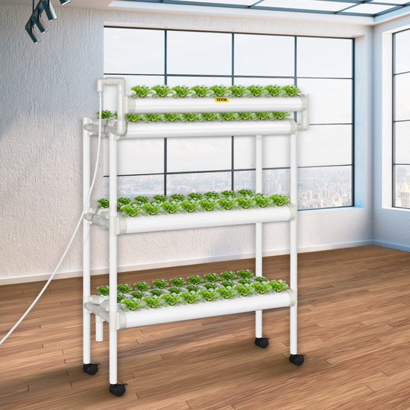 VEVOR Hydroponics Growing System, 90 Sites 3 Layers, 10 Food-Grade PVC-U Pipes, Vertical Indoor Plant Grow Kit with Water Pump, Timer, Nest Basket, Sponge for Fruits, Vegetables, Herb, White