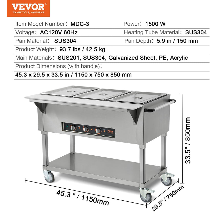 VEVOR 3-Pan Commercial Food Warmer, 3x 20.6QT Electric Steam Table, 1500W Professional Buffet Catering Food Warmer with 4 Wheels (2 Lockable), Food Grade Stainless Steel Server for Party Restaurant