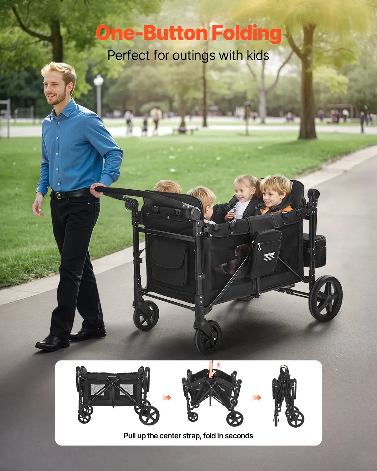 VEVOR Wagon Stroller for 4 Kids Push Pull Collapsible Stroller 330LBS Loading