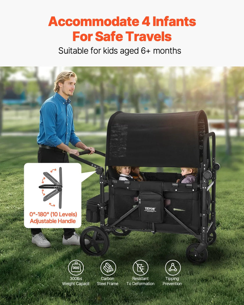 VEVOR Wagon Stroller for 4 Kids Push Pull Collapsible Stroller 330LBS Loading