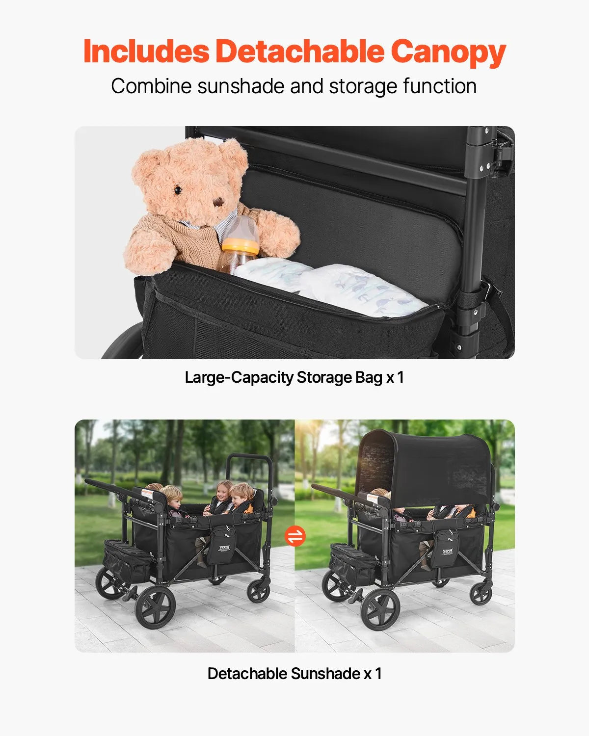 VEVOR Wagon Stroller for 4 Kids Push Pull Collapsible Stroller 330LBS Loading