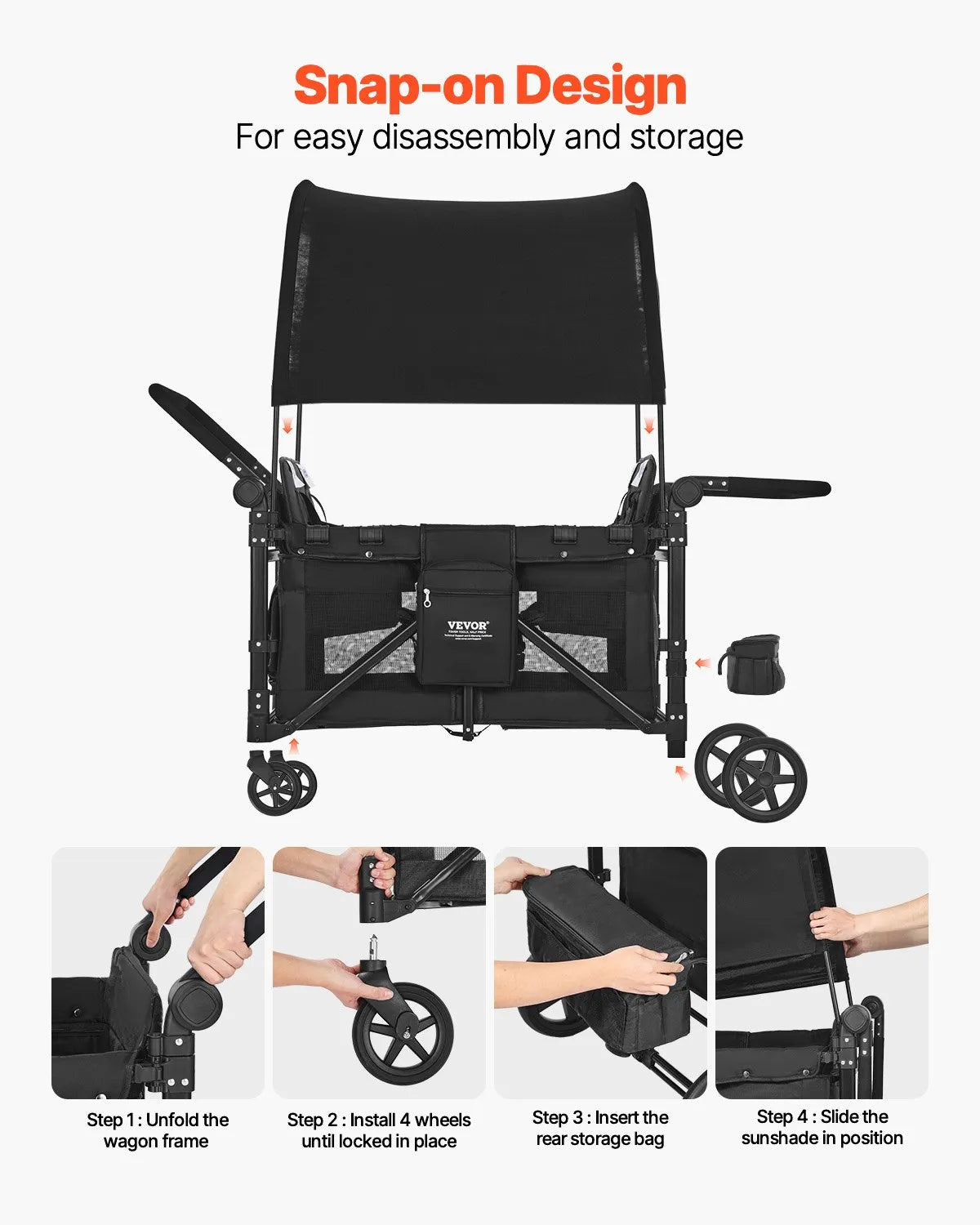 VEVOR Wagon Stroller for 4 Kids Push Pull Collapsible Stroller 330LBS Loading