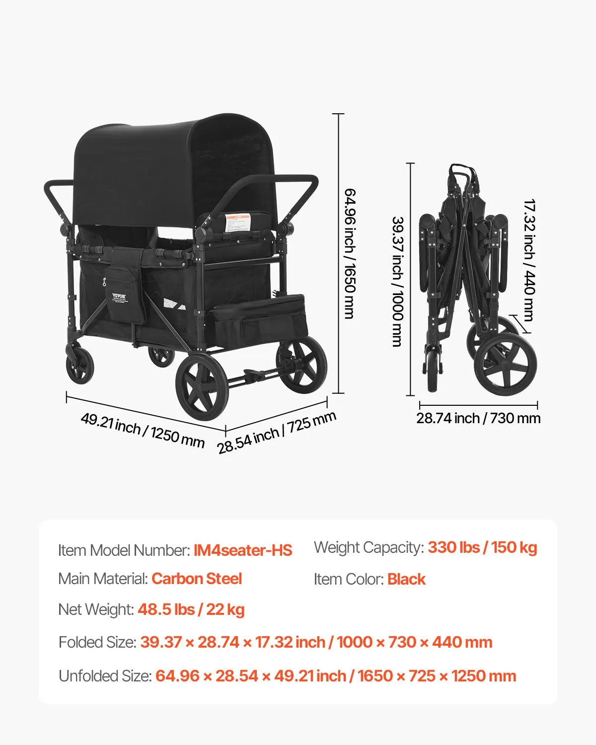 VEVOR Wagon Stroller for 4 Kids Push Pull Collapsible Stroller 330LBS Loading