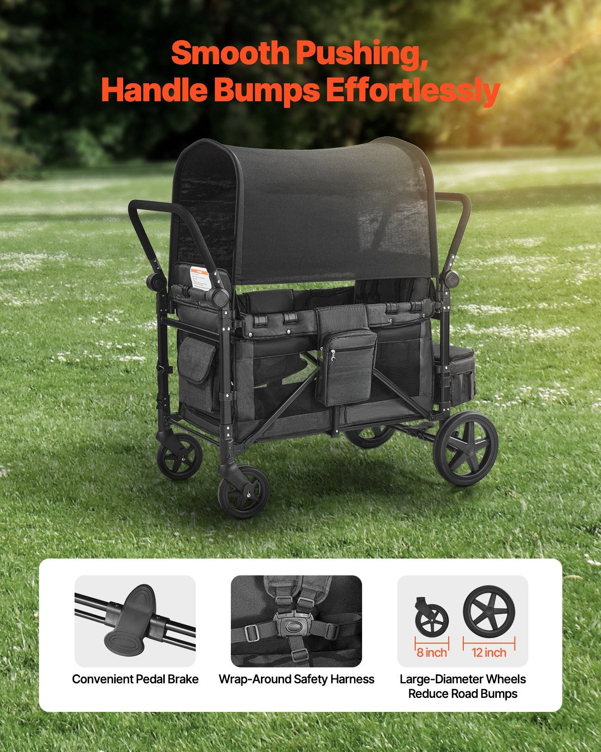 Wagon Stroller for 4 Kids Push Pull Quad Collapsible Stroller for Camping