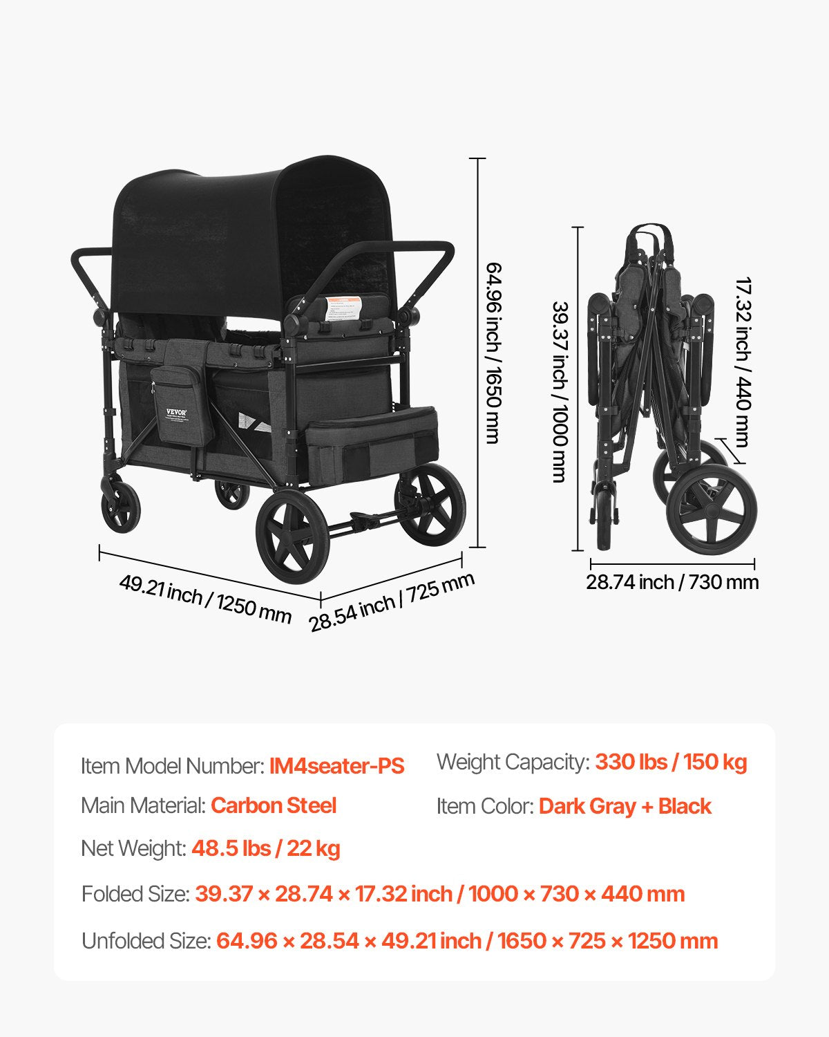 Wagon Stroller for 4 Kids Push Pull Quad Collapsible Stroller for Camping