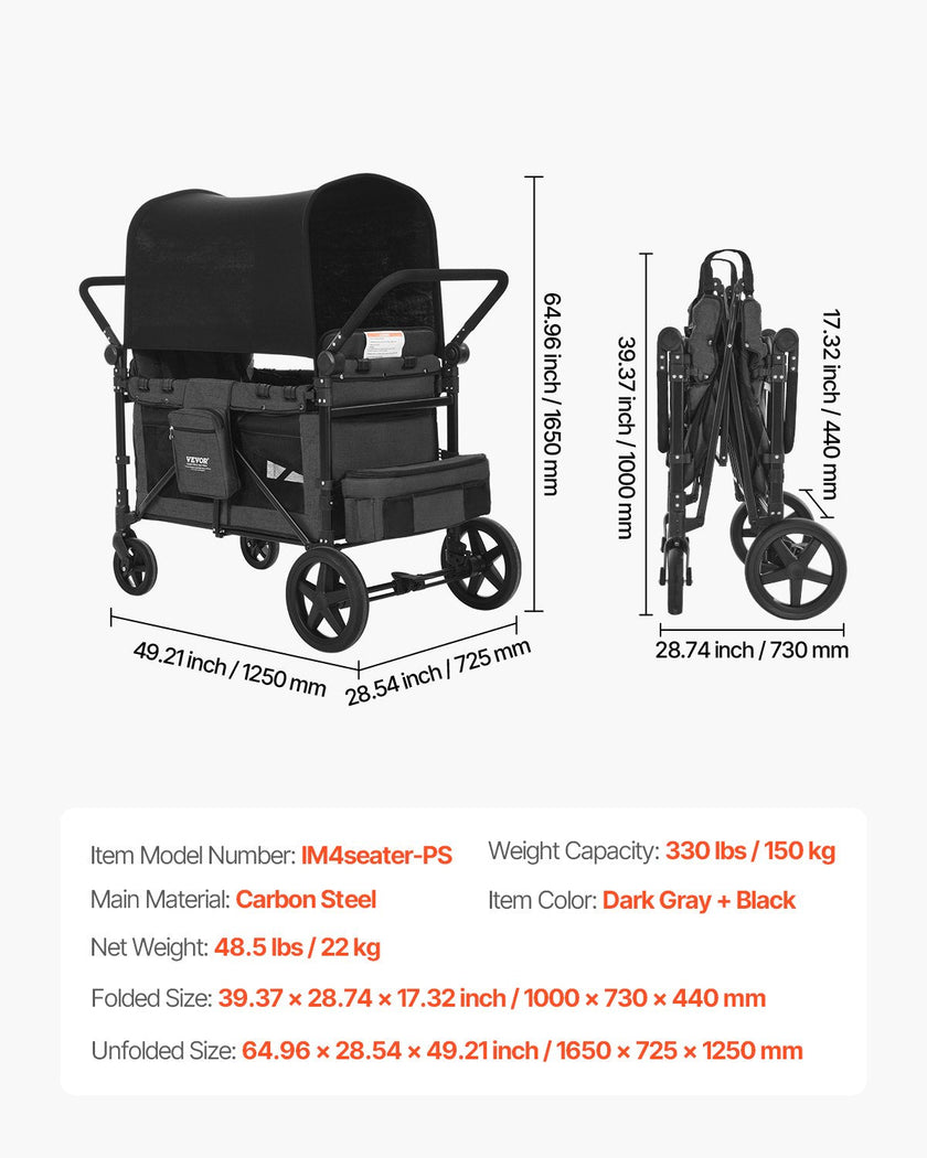 Wagon Stroller for 4 Kids Push Pull Quad Collapsible Stroller for Camping