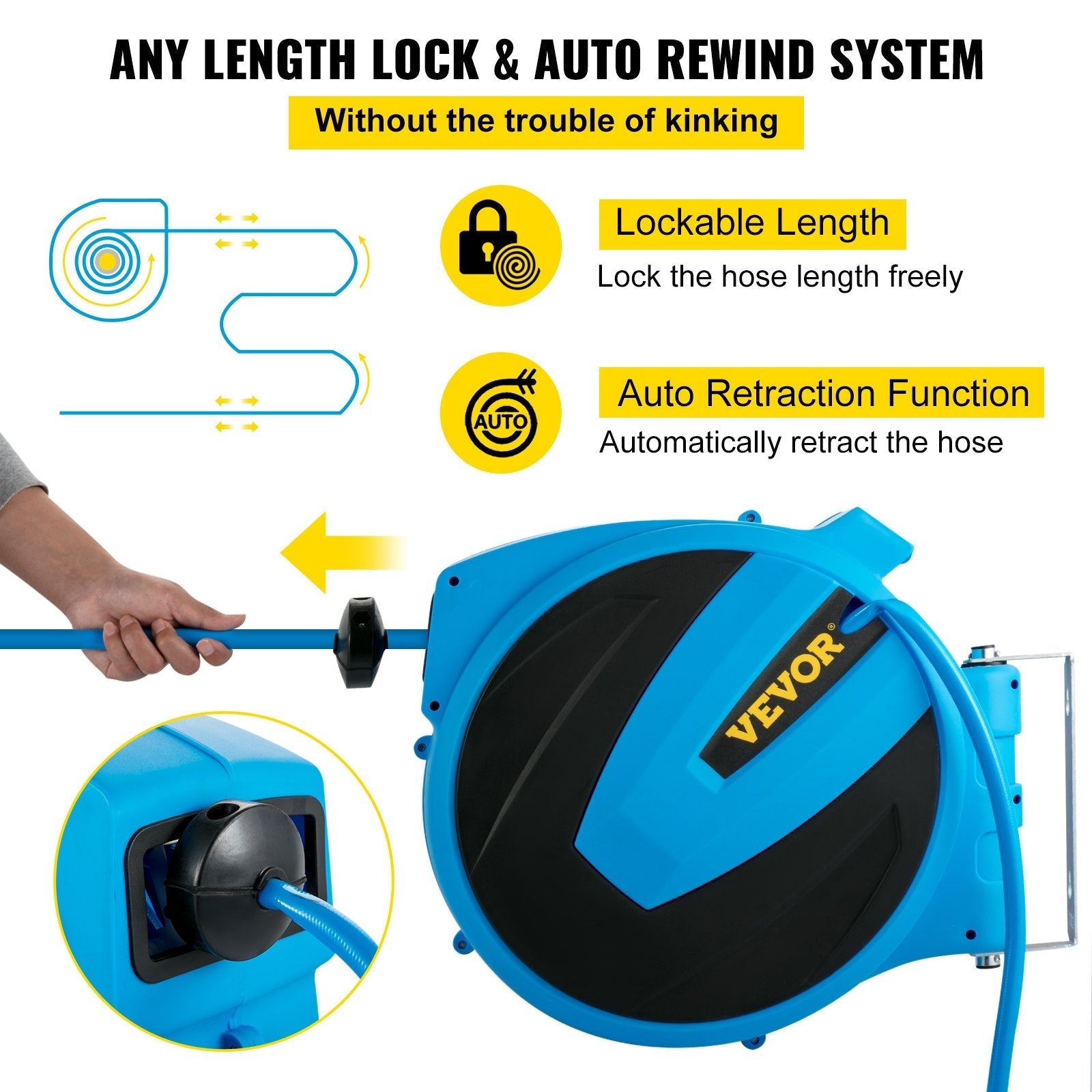 VEVOR Retractable Hose Reel, 1/2 inch x 100 ft, Any Length Lock & Automatic Rewind Water Hose, Wall Mounted Garden Hose Reel w/ 180° Swivel Bracket and 8 Pattern Hose Nozzle, Blue