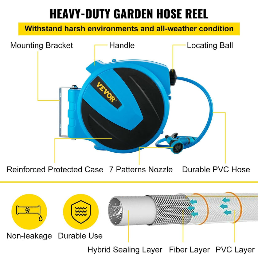 VEVOR Retractable Hose Reel, 1/2 inch x 100 ft, Any Length Lock & Automatic Rewind Water Hose, Wall Mounted Garden Hose Reel w/ 180° Swivel Bracket and 8 Pattern Hose Nozzle, Blue