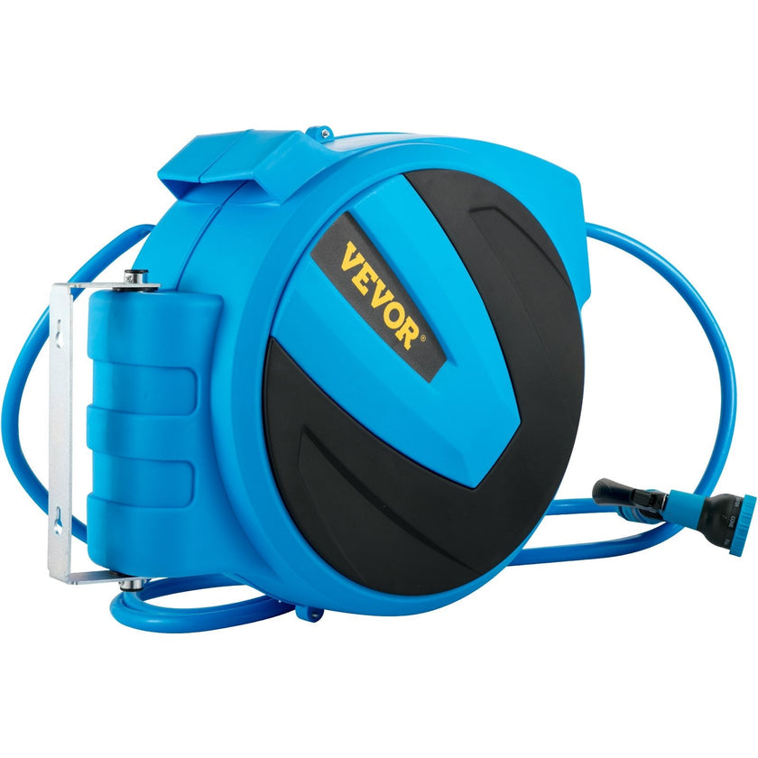 VEVOR Retractable Hose Reel, 1/2 inch x 100 ft, Any Length Lock & Automatic Rewind Water Hose, Wall Mounted Garden Hose Reel w/ 180° Swivel Bracket and 8 Pattern Hose Nozzle, Blue