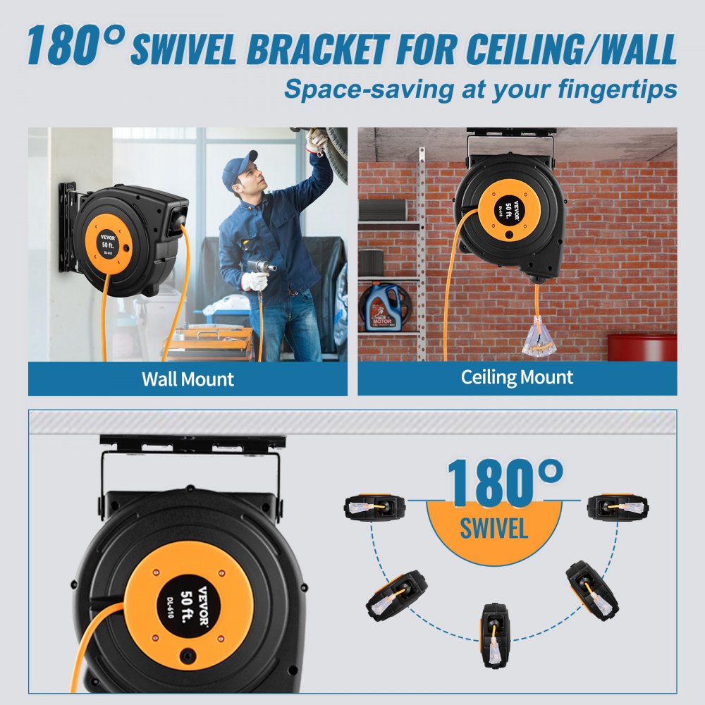 Tuspuzz Retractable Extension Reel, 50 FT Heavy Duty 14AWG/3C SJTOW Power Cord with Lighted Triple Tap Outlet, 13 Amp Circuit Breaker, 180° Swivel Bracket for Ceiling or Wall Tested to UL Standards