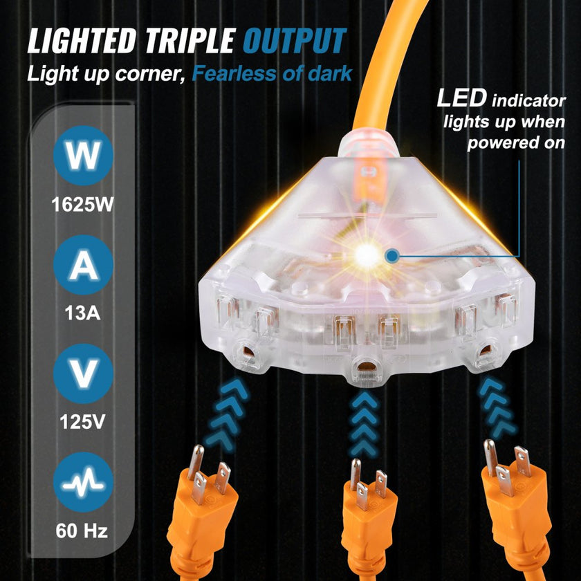 Tuspuzz Retractable Extension Reel, 50 FT Heavy Duty 14AWG/3C SJTOW Power Cord with Lighted Triple Tap Outlet, 13 Amp Circuit Breaker, 180° Swivel Bracket for Ceiling or Wall Tested to UL Standards
