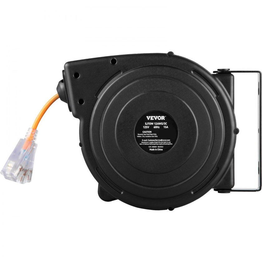 Tuspuzz Retractable Extension Reel, 50 FT Heavy Duty 14AWG/3C SJTOW Power Cord with Lighted Triple Tap Outlet, 13 Amp Circuit Breaker, 180° Swivel Bracket for Ceiling or Wall Tested to UL Standards