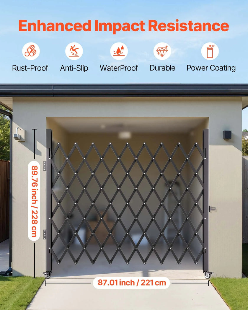 VEVOR Single Folding Security Gate, 7.1'H x 7.9' W（85 x 95 inch） Folding Door Gate, Steel Accordion Security Gate, Flexible Expanding Security Gate, 360° Rolling Barricade Gate, Scissor Gate/Door w/ Padlock