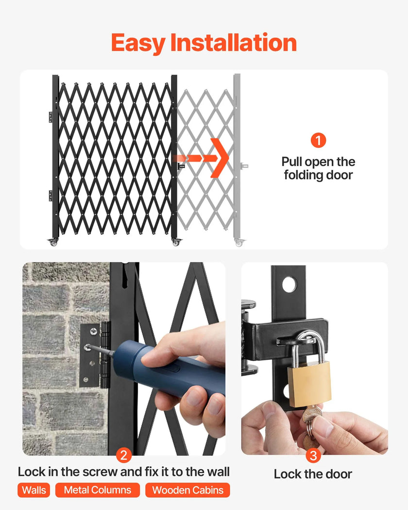 VEVOR Single Folding Security Gate, 7.1'H x 7.9' W（85 x 95 inch） Folding Door Gate, Steel Accordion Security Gate, Flexible Expanding Security Gate, 360° Rolling Barricade Gate, Scissor Gate/Door w/ Padlock