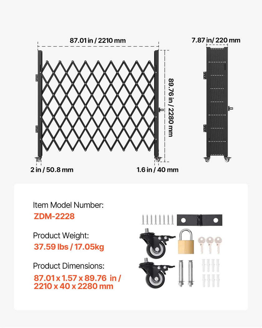 VEVOR Single Folding Security Gate, 7.1'H x 7.9' W（85 x 95 inch） Folding Door Gate, Steel Accordion Security Gate, Flexible Expanding Security Gate, 360° Rolling Barricade Gate, Scissor Gate/Door w/ Padlock