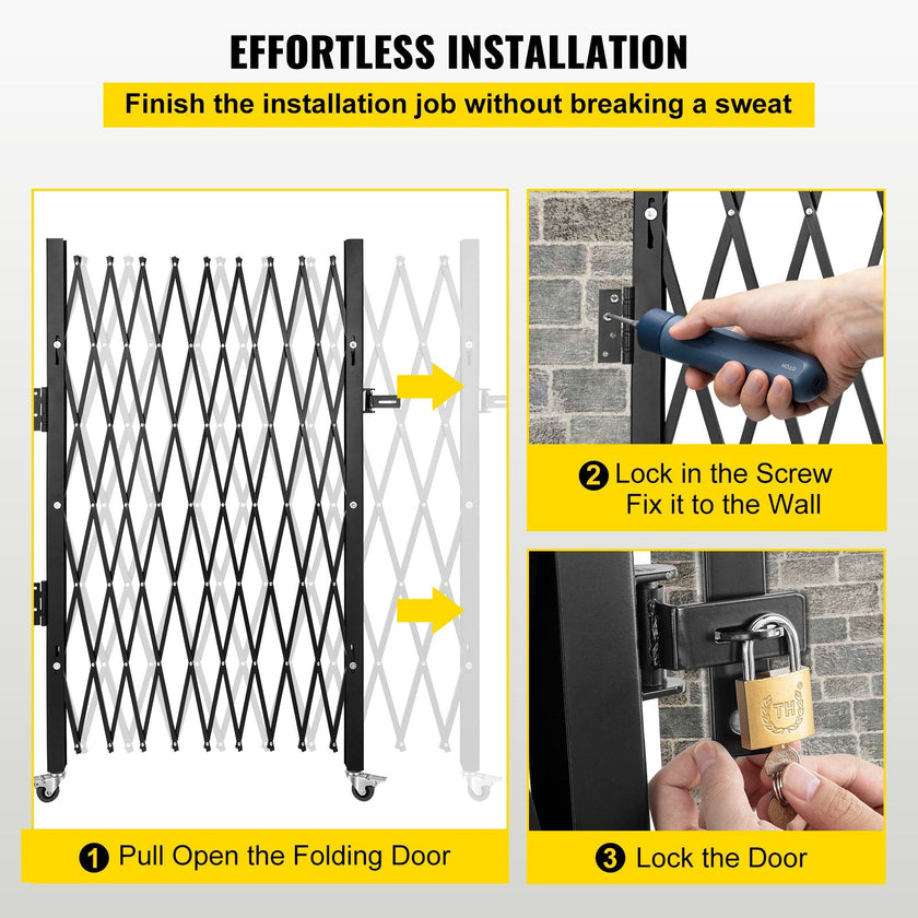 VEVOR Single Folding Security Gate, 7.1' H x 7.1' W?85 x 85 inch? Folding Door Gate, Steel Accordion Security Gate, Flexible Expanding Security Gate, 360° Rolling Barricade Gate, Scissor Gate/Door with Padlock