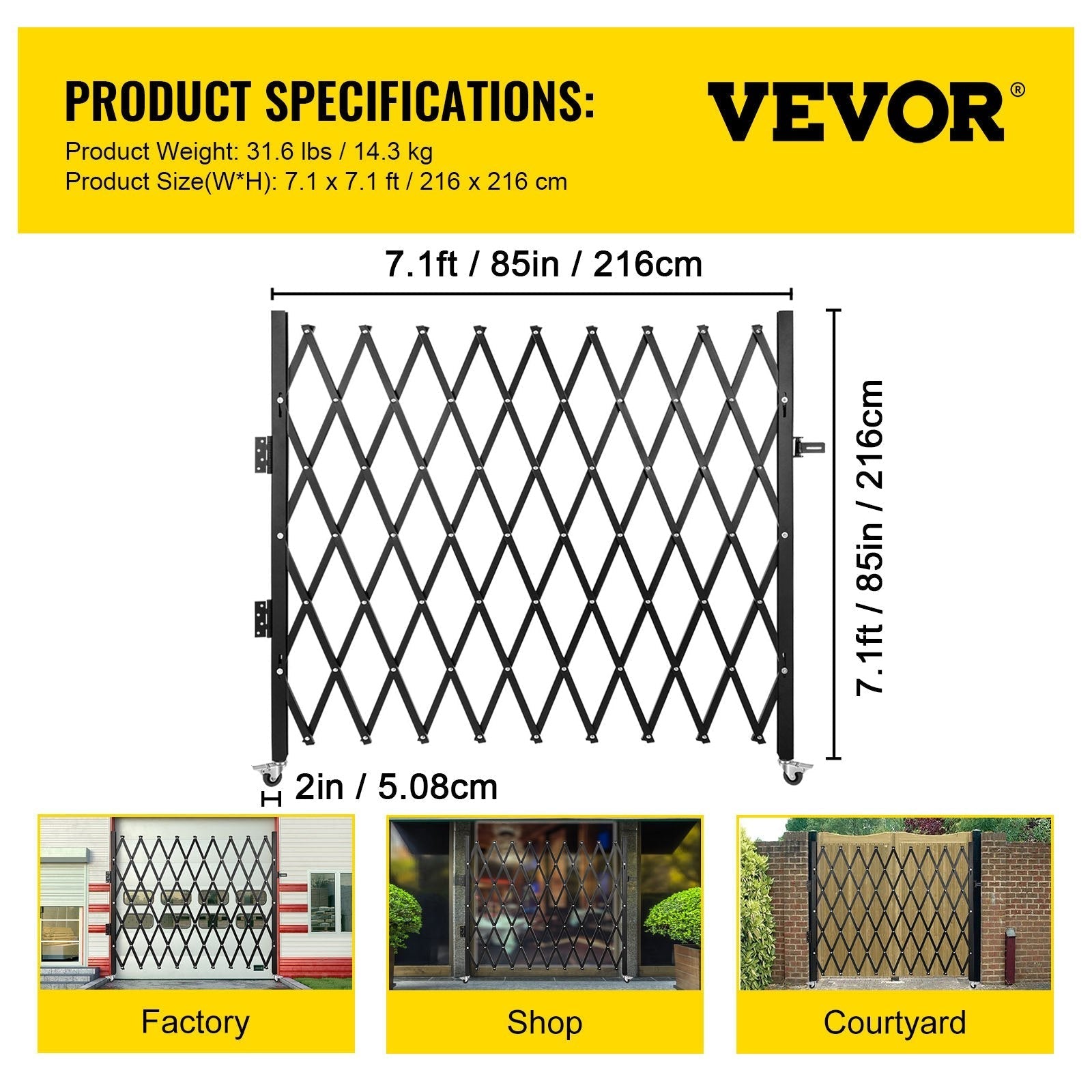 VEVOR Single Folding Security Gate, 7.1' H x 7.1' W?85 x 85 inch? Folding Door Gate, Steel Accordion Security Gate, Flexible Expanding Security Gate, 360° Rolling Barricade Gate, Scissor Gate/Door with Padlock